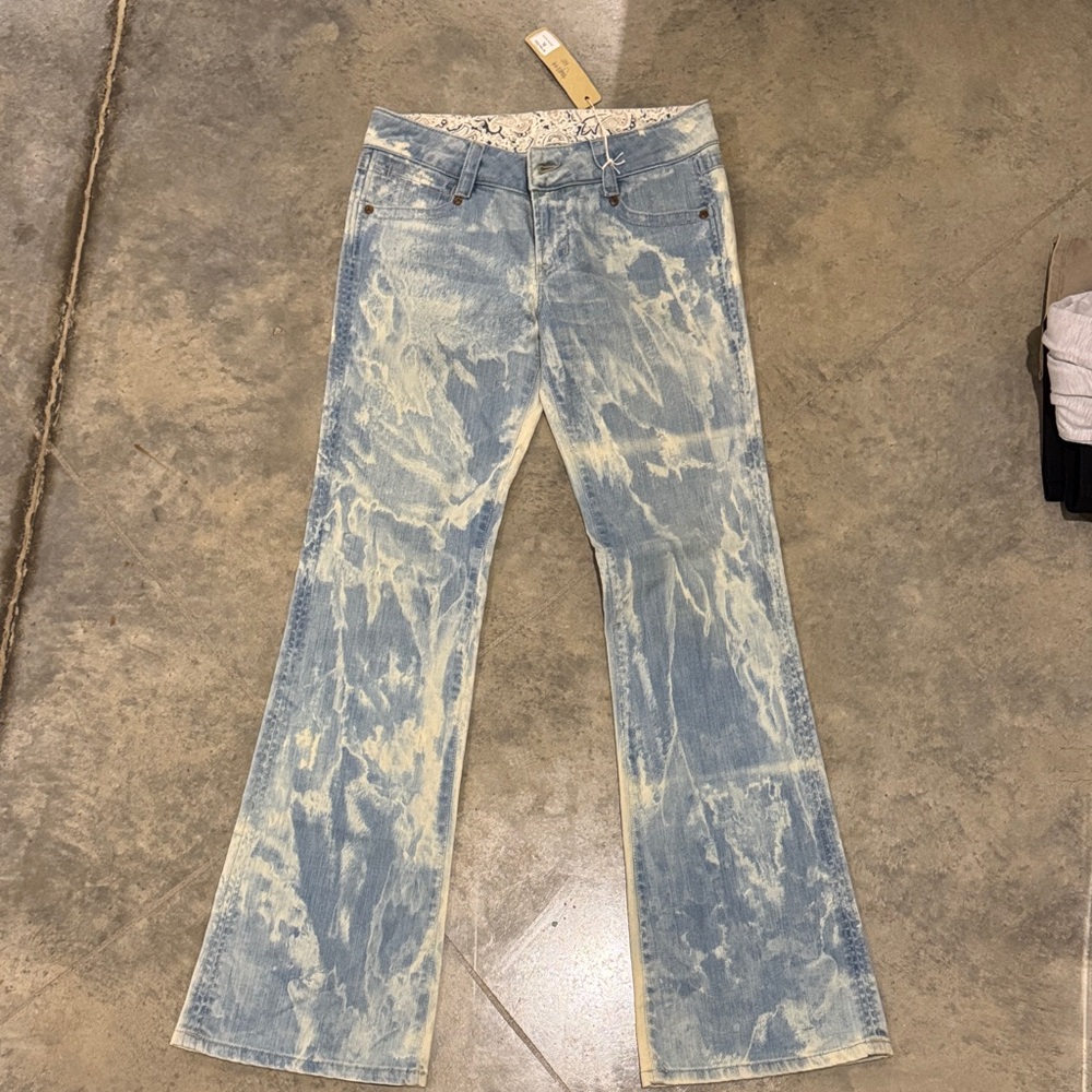 Blue and White Tag Tie-Dye Flare Jeans